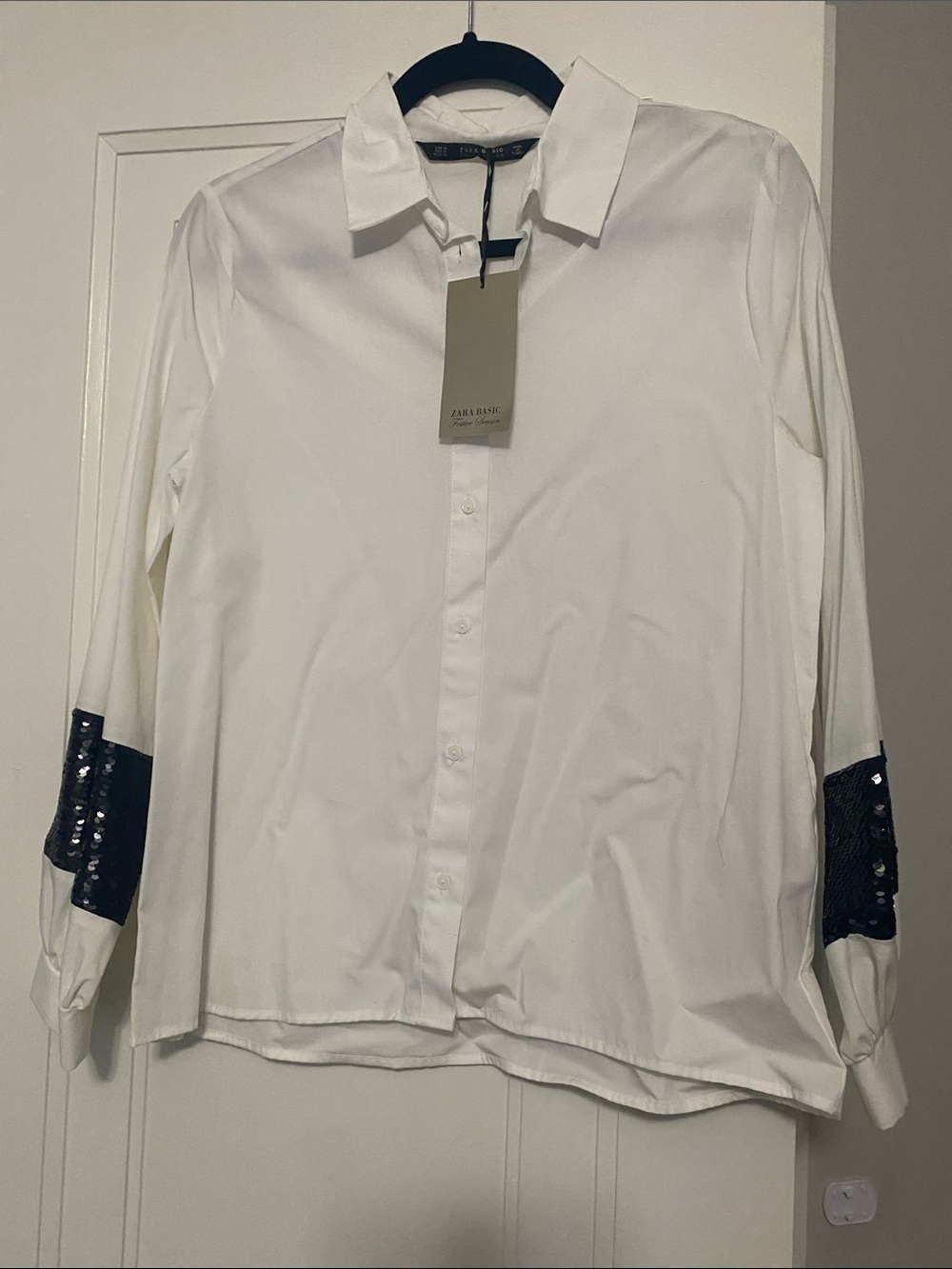 Zara White Button-Down Shirt with Black Sequin Cuffs